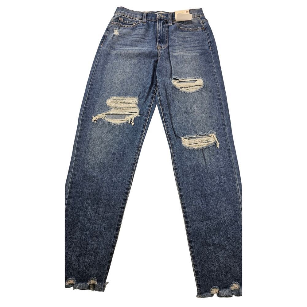 NWT 7 / 28W juniors stretch distressed denim raw hem jeans casual high rise mom